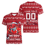 Personalized Dolphins Christmas Women V-Neck T-Shirt Australian Rugby Fans - Pixelated Ugly Xmas Pattern Mascot Santa