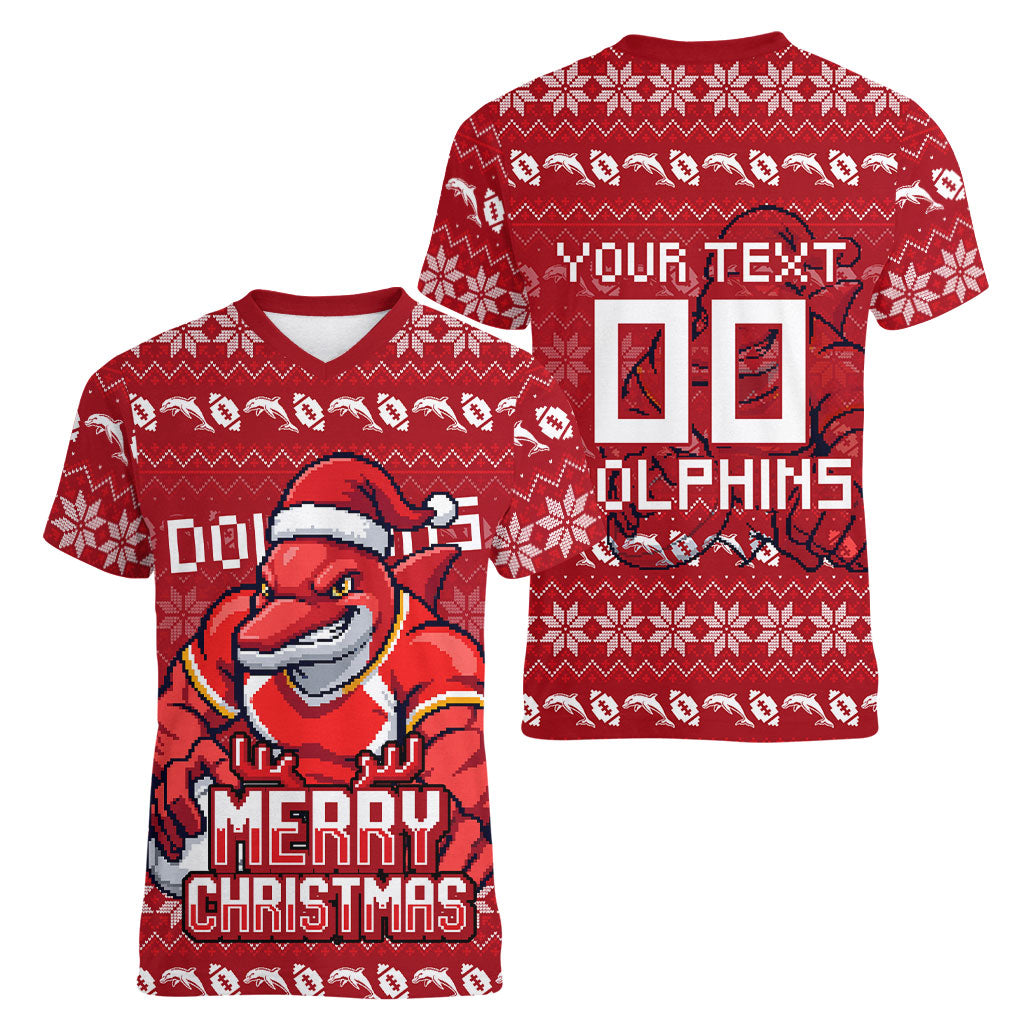 Personalized Dolphins Christmas Women V-Neck T-Shirt Australian Rugby Fans - Pixelated Ugly Xmas Pattern Mascot Santa