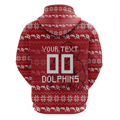 Personalized Dolphins Christmas Zip Hoodie Australian Rugby Fans - Pixelated Ugly Xmas Pattern Mascot Santa