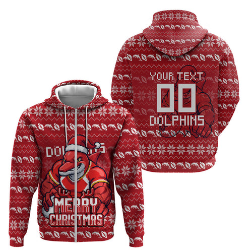 Personalized Dolphins Christmas Zip Hoodie Australian Rugby Fans - Pixelated Ugly Xmas Pattern Mascot Santa