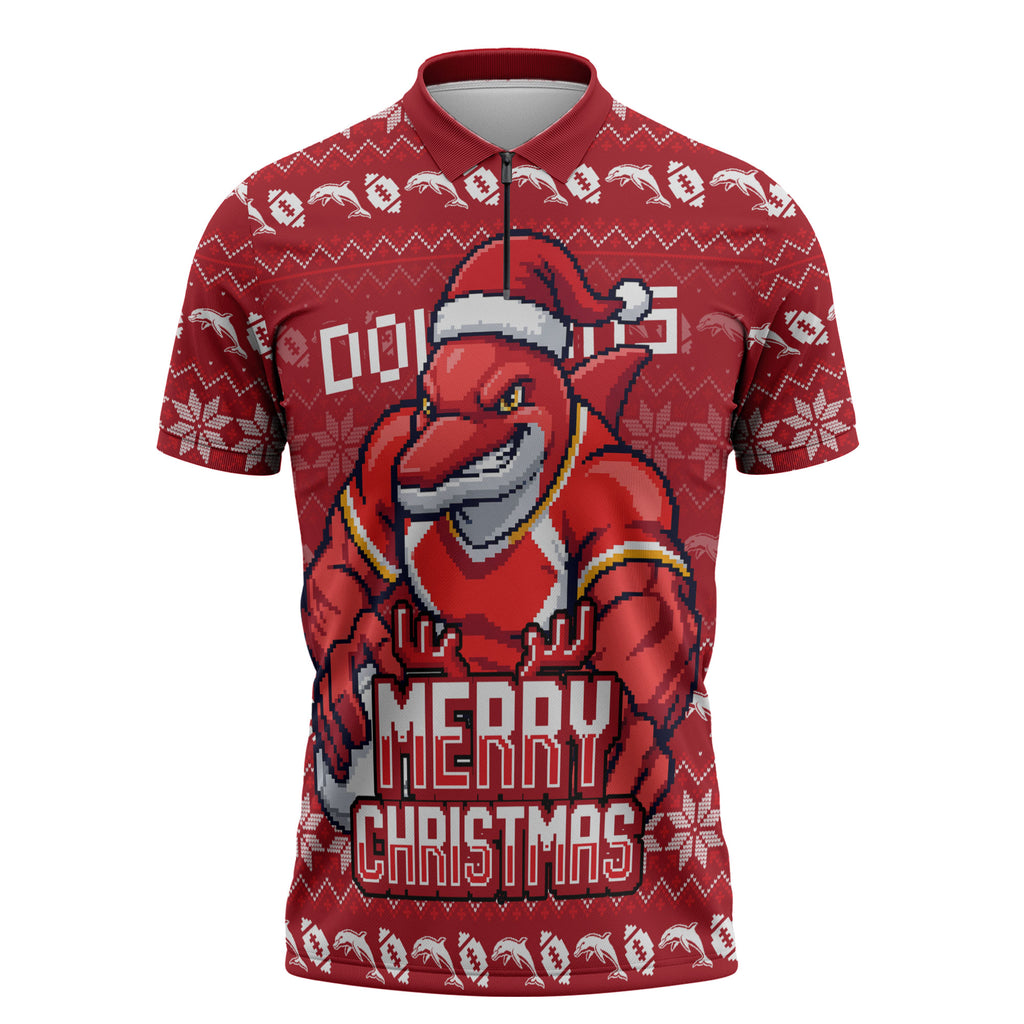 Personalized Dolphins Christmas Zipper Polo Shirt Australian Rugby Fans - Pixelated Ugly Xmas Pattern Mascot Santa