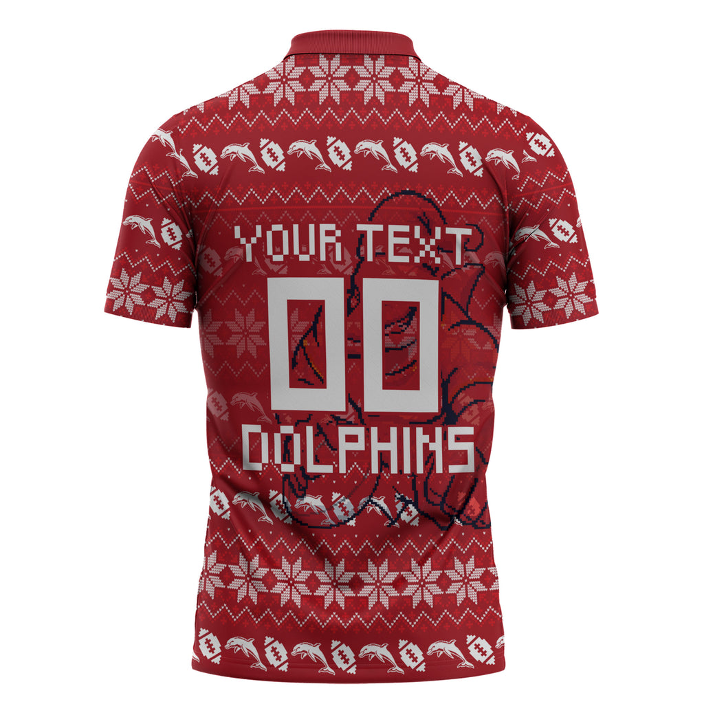 Personalized Dolphins Christmas Zipper Polo Shirt Australian Rugby Fans - Pixelated Ugly Xmas Pattern Mascot Santa