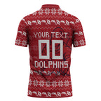 Personalized Dolphins Christmas Zipper Polo Shirt Australian Rugby Fans - Pixelated Ugly Xmas Pattern Mascot Santa