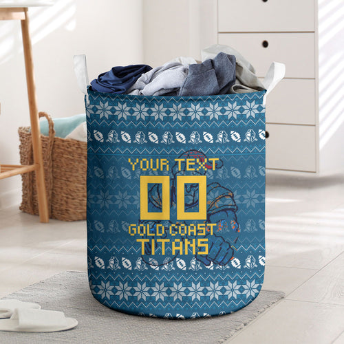 Personalized Gold Coast Titans Christmas Laundry Basket Australian Rugby Fans - Pixelated Ugly Xmas Pattern Mascot Santa