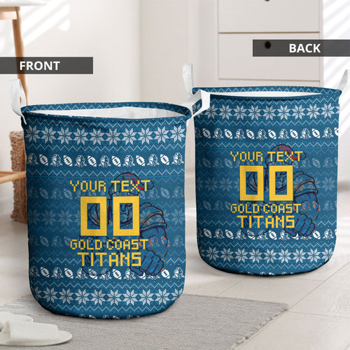 Personalized Gold Coast Titans Christmas Laundry Basket Australian Rugby Fans - Pixelated Ugly Xmas Pattern Mascot Santa