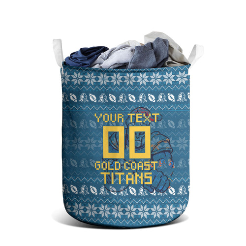 Personalized Gold Coast Titans Christmas Laundry Basket Australian Rugby Fans - Pixelated Ugly Xmas Pattern Mascot Santa