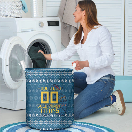 Personalized Gold Coast Titans Christmas Laundry Basket Australian Rugby Fans - Pixelated Ugly Xmas Pattern Mascot Santa