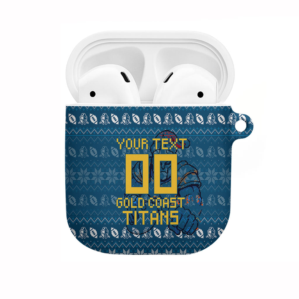 Personalized Gold Coast Titans Christmas AirPods Case Australian Rugby Fans - Pixelated Ugly Xmas Pattern Mascot Santa