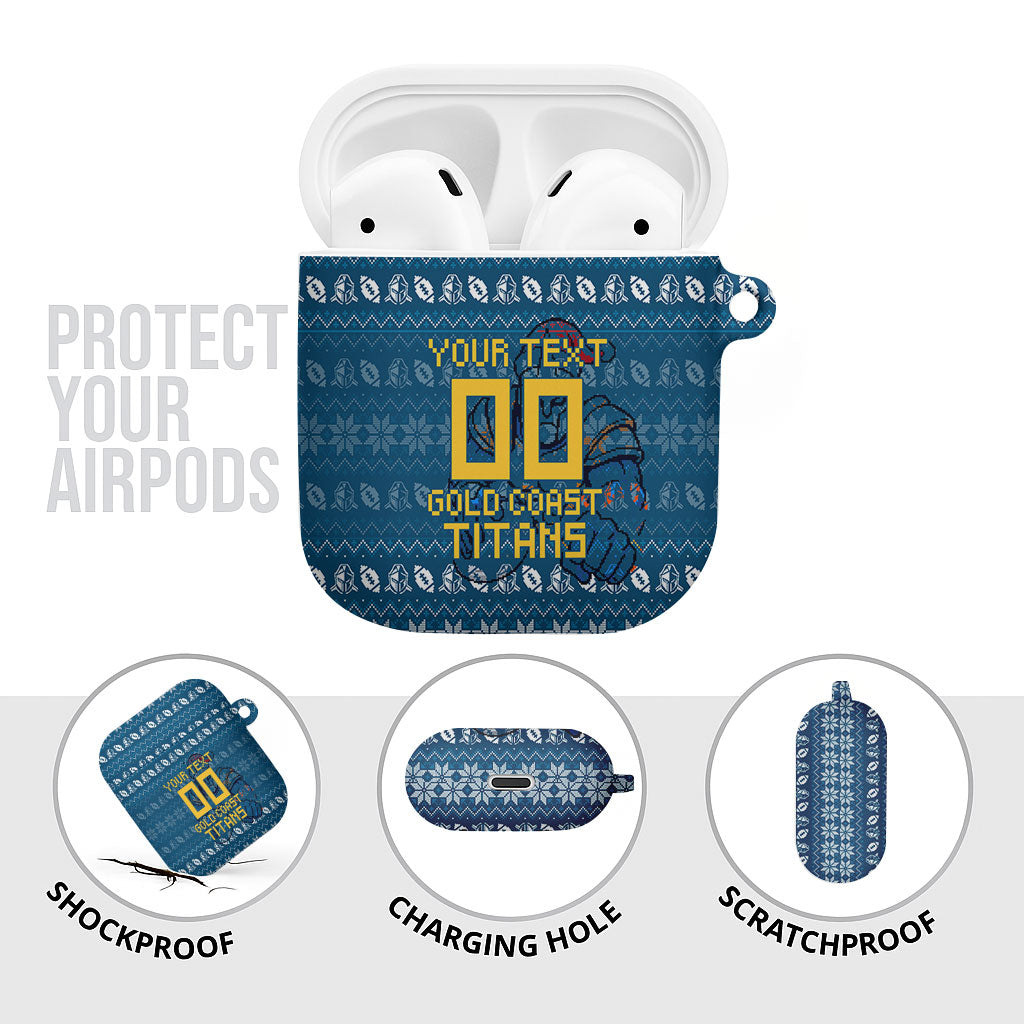 Personalized Gold Coast Titans Christmas AirPods Case Australian Rugby Fans - Pixelated Ugly Xmas Pattern Mascot Santa