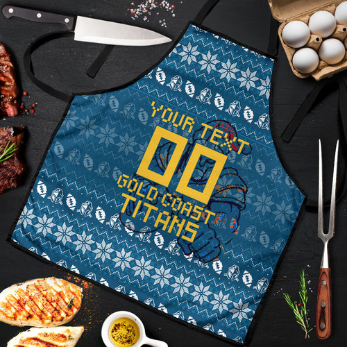 Personalized Gold Coast Titans Christmas Apron Australian Rugby Fans - Pixelated Ugly Xmas Pattern Mascot Santa