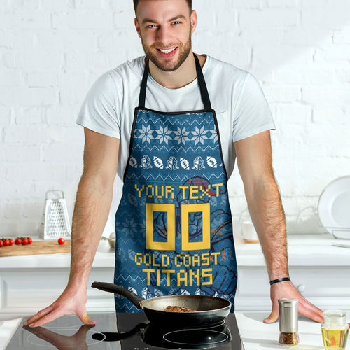 Personalized Gold Coast Titans Christmas Apron Australian Rugby Fans - Pixelated Ugly Xmas Pattern Mascot Santa