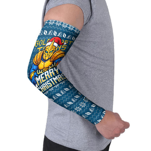 Personalized Gold Coast Titans Christmas Arm Sleeves Australian Rugby Fans - Pixelated Ugly Xmas Pattern Mascot Santa
