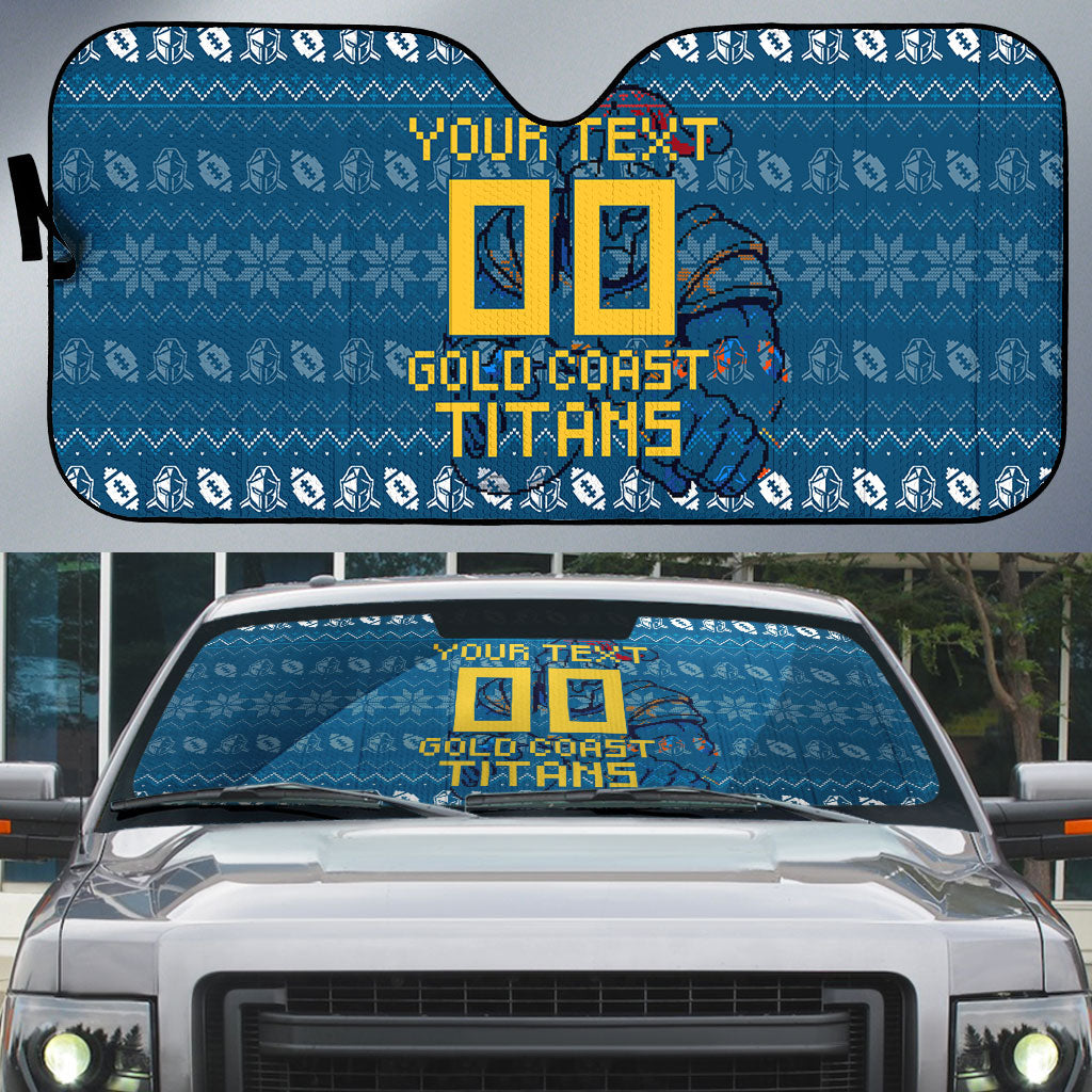 Personalized Gold Coast Titans Christmas Auto Sun Shade Australian Rugby Fans - Pixelated Ugly Xmas Pattern Mascot Santa