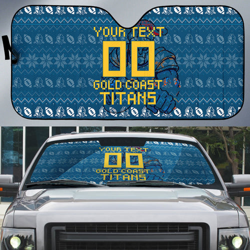 Personalized Gold Coast Titans Christmas Auto Sun Shade Australian Rugby Fans - Pixelated Ugly Xmas Pattern Mascot Santa