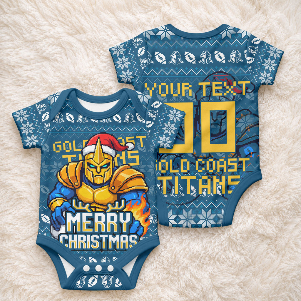 Personalized Gold Coast Titans Christmas Baby Onesie Australian Rugby Fans - Pixelated Ugly Xmas Pattern Mascot Santa