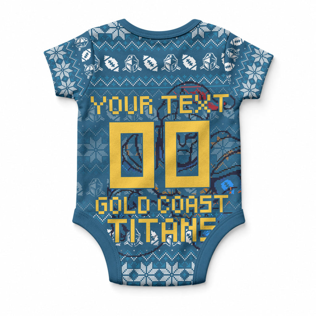 Personalized Gold Coast Titans Christmas Baby Onesie Australian Rugby Fans - Pixelated Ugly Xmas Pattern Mascot Santa