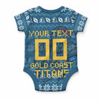 Personalized Gold Coast Titans Christmas Baby Onesie Australian Rugby Fans - Pixelated Ugly Xmas Pattern Mascot Santa