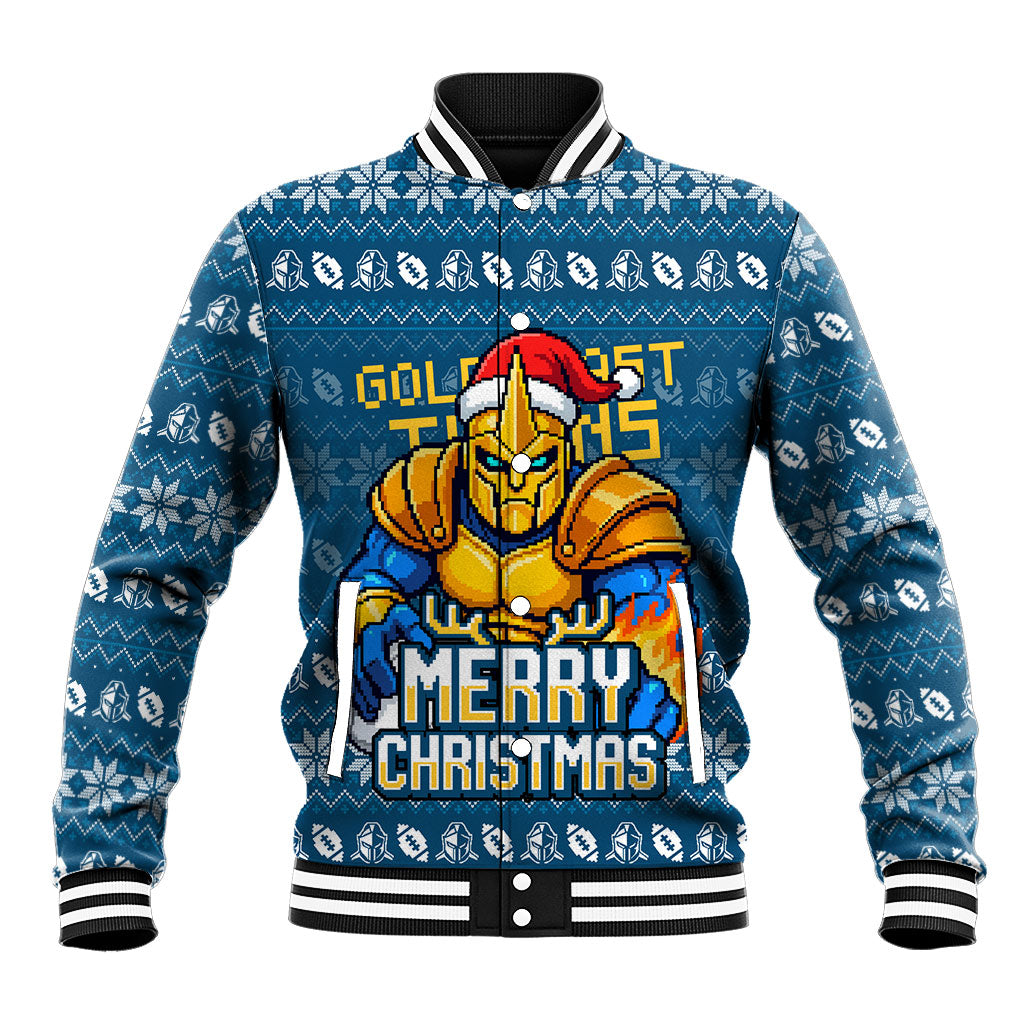Personalized Gold Coast Titans Christmas Baseball Jacket Australian Rugby Fans - Pixelated Ugly Xmas Pattern Mascot Santa