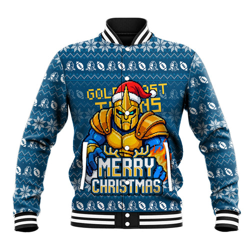 Personalized Gold Coast Titans Christmas Baseball Jacket Australian Rugby Fans - Pixelated Ugly Xmas Pattern Mascot Santa
