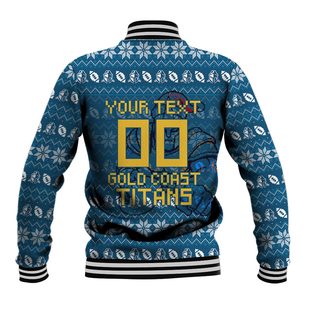 Personalized Gold Coast Titans Christmas Baseball Jacket Australian Rugby Fans - Pixelated Ugly Xmas Pattern Mascot Santa
