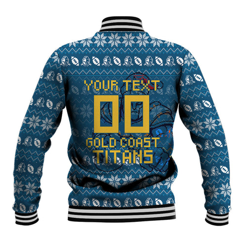 Personalized Gold Coast Titans Christmas Baseball Jacket Australian Rugby Fans - Pixelated Ugly Xmas Pattern Mascot Santa