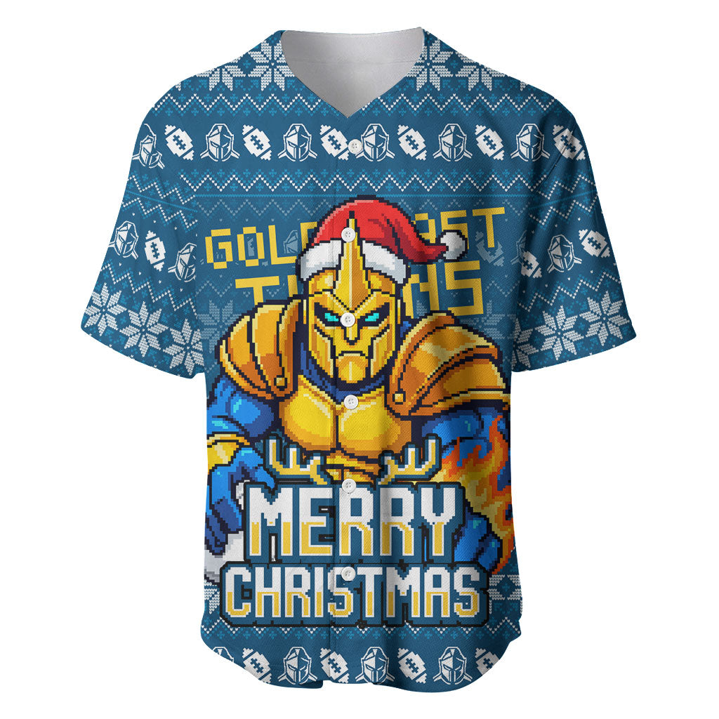 Personalized Gold Coast Titans Christmas Baseball Jersey Australian Rugby Fans - Pixelated Ugly Xmas Pattern Mascot Santa