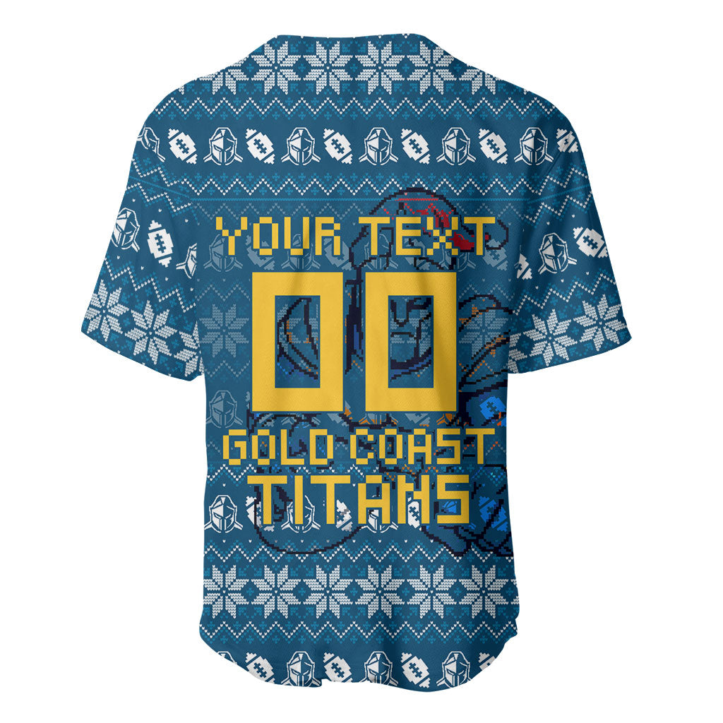 Personalized Gold Coast Titans Christmas Baseball Jersey Australian Rugby Fans - Pixelated Ugly Xmas Pattern Mascot Santa