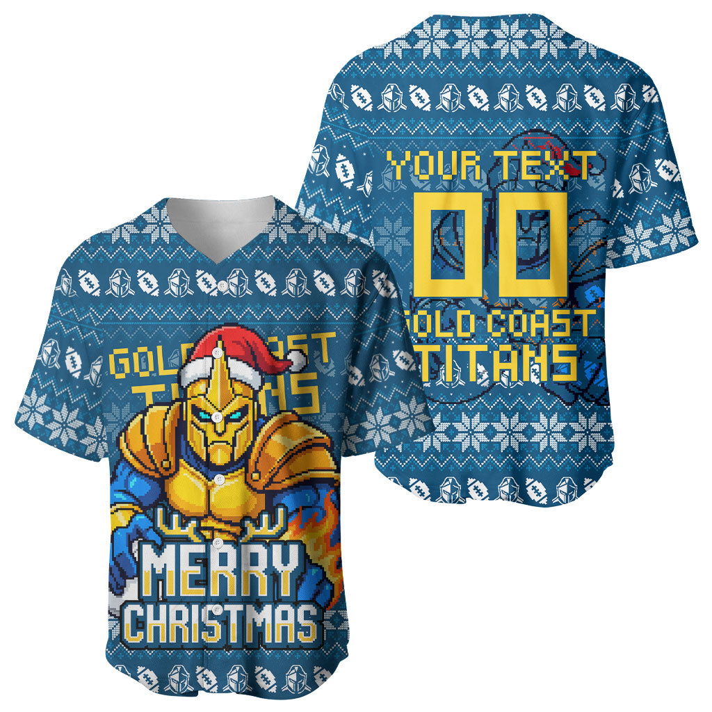 Personalized Gold Coast Titans Christmas Baseball Jersey Australian Rugby Fans - Pixelated Ugly Xmas Pattern Mascot Santa