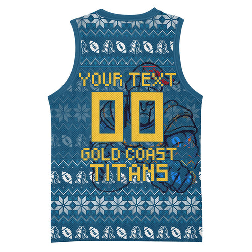 Personalized Gold Coast Titans Christmas Basketball Jersey Australian Rugby Fans - Pixelated Ugly Xmas Pattern Mascot Santa
