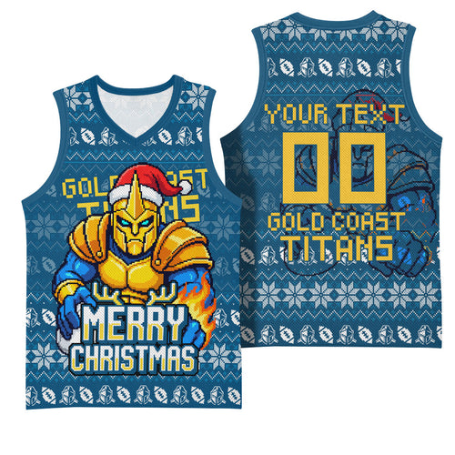 Personalized Gold Coast Titans Christmas Basketball Jersey Australian Rugby Fans - Pixelated Ugly Xmas Pattern Mascot Santa
