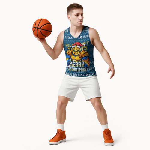 Personalized Gold Coast Titans Christmas Basketball Jersey Australian Rugby Fans - Pixelated Ugly Xmas Pattern Mascot Santa