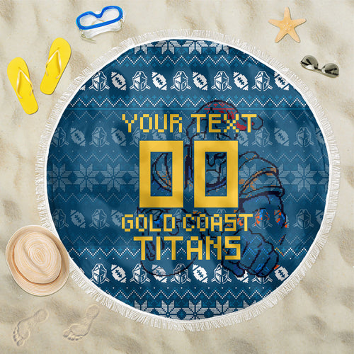 Personalized Gold Coast Titans Christmas Beach Blanket Australian Rugby Fans - Pixelated Ugly Xmas Pattern Mascot Santa