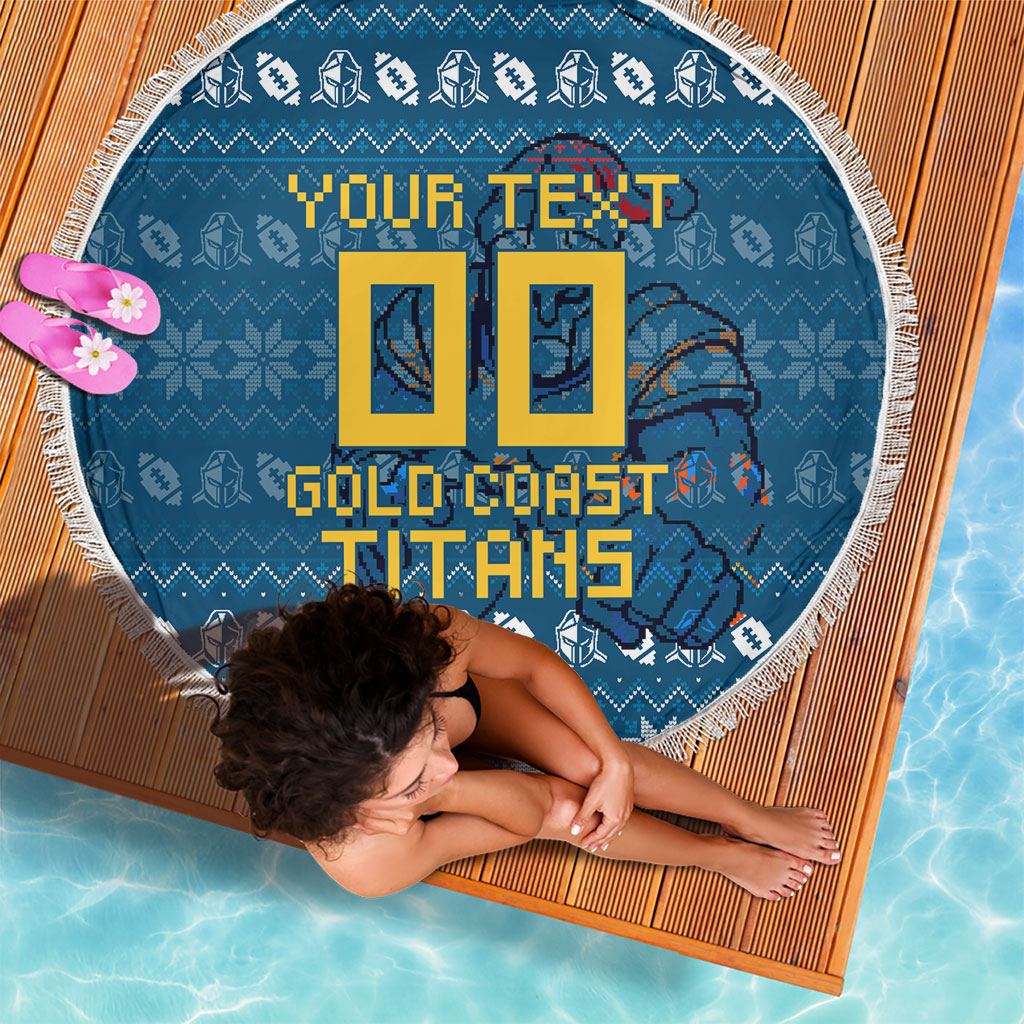 Personalized Gold Coast Titans Christmas Beach Blanket Australian Rugby Fans - Pixelated Ugly Xmas Pattern Mascot Santa