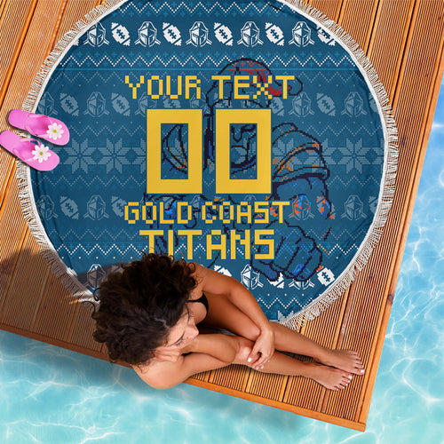 Personalized Gold Coast Titans Christmas Beach Blanket Australian Rugby Fans - Pixelated Ugly Xmas Pattern Mascot Santa