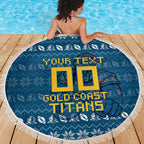Personalized Gold Coast Titans Christmas Beach Blanket Australian Rugby Fans - Pixelated Ugly Xmas Pattern Mascot Santa