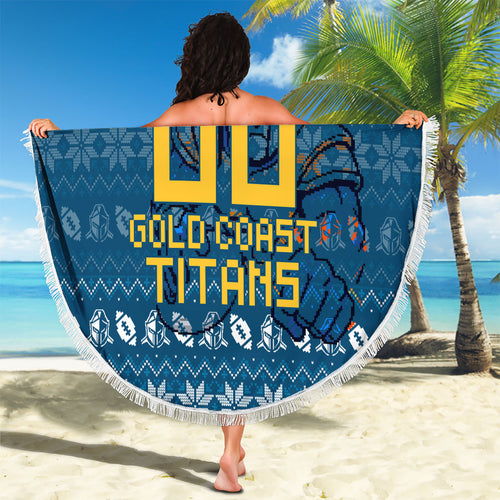 Personalized Gold Coast Titans Christmas Beach Blanket Australian Rugby Fans - Pixelated Ugly Xmas Pattern Mascot Santa
