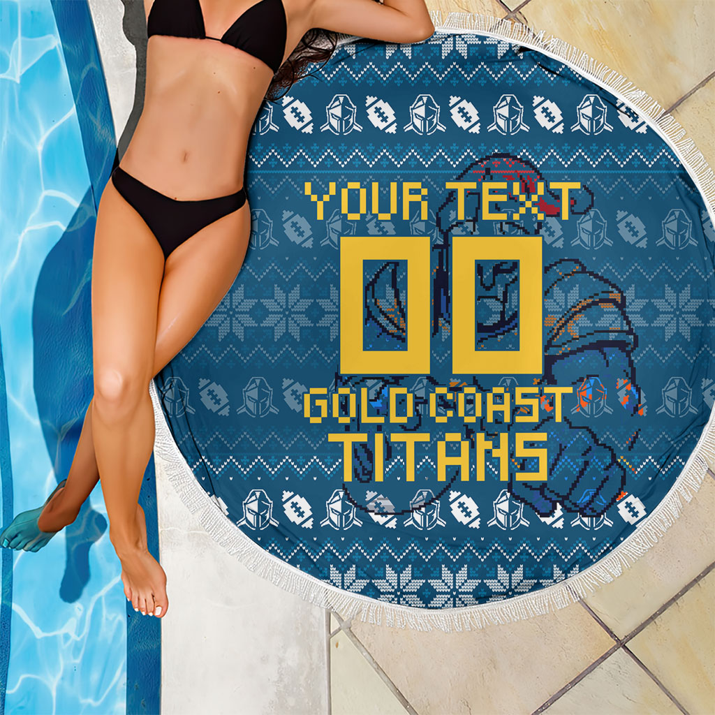 Personalized Gold Coast Titans Christmas Beach Blanket Australian Rugby Fans - Pixelated Ugly Xmas Pattern Mascot Santa