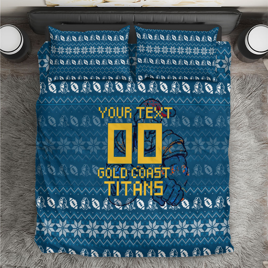 Personalized Gold Coast Titans Christmas Bedding Set Australian Rugby Fans - Pixelated Ugly Xmas Pattern Mascot Santa