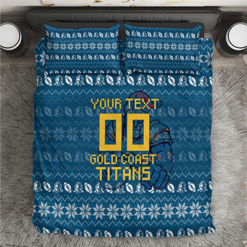 Personalized Gold Coast Titans Christmas Bedding Set Australian Rugby Fans - Pixelated Ugly Xmas Pattern Mascot Santa