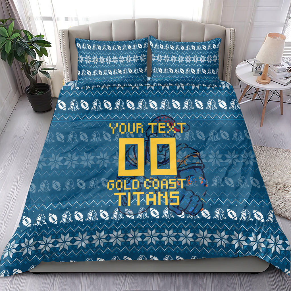 Personalized Gold Coast Titans Christmas Bedding Set Australian Rugby Fans - Pixelated Ugly Xmas Pattern Mascot Santa