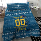 Personalized Gold Coast Titans Christmas Bedding Set Australian Rugby Fans - Pixelated Ugly Xmas Pattern Mascot Santa