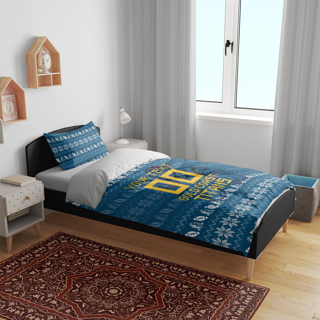 Personalized Gold Coast Titans Christmas Bedding Set Australian Rugby Fans - Pixelated Ugly Xmas Pattern Mascot Santa