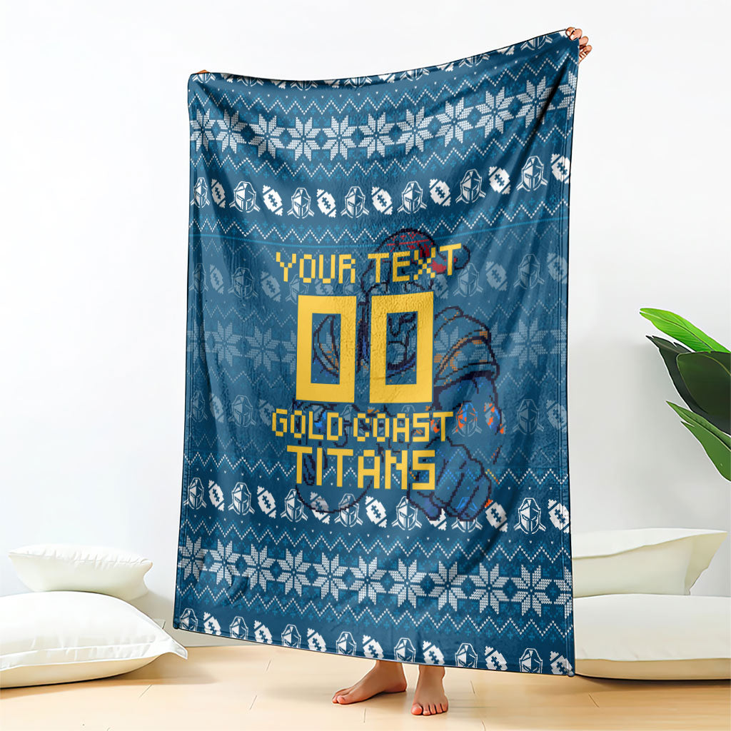 Personalized Gold Coast Titans Christmas Blanket Australian Rugby Fans - Pixelated Ugly Xmas Pattern Mascot Santa