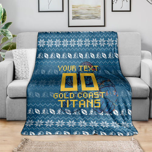 Personalized Gold Coast Titans Christmas Blanket Australian Rugby Fans - Pixelated Ugly Xmas Pattern Mascot Santa
