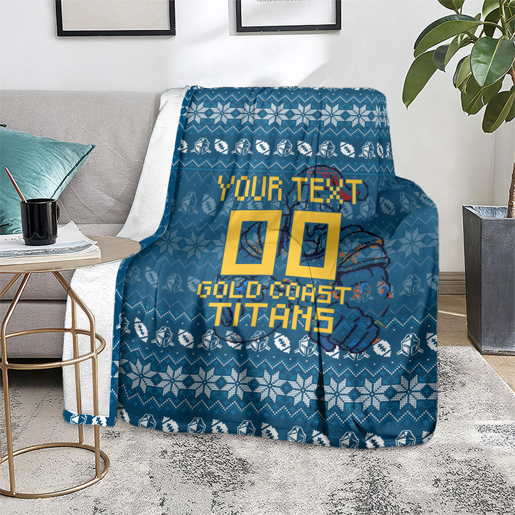 Personalized Gold Coast Titans Christmas Blanket Australian Rugby Fans - Pixelated Ugly Xmas Pattern Mascot Santa