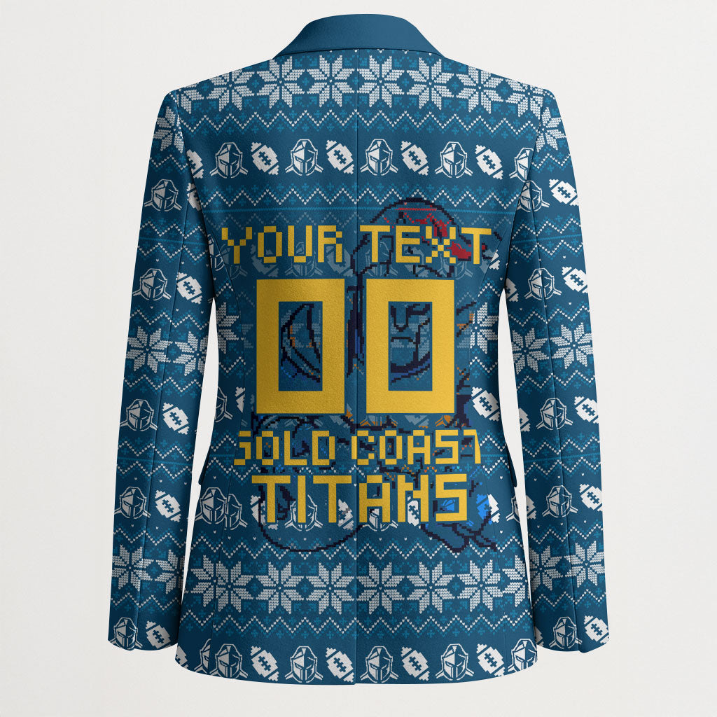 Personalized Gold Coast Titans Christmas Blazer Australian Rugby Fans - Pixelated Ugly Xmas Pattern Mascot Santa