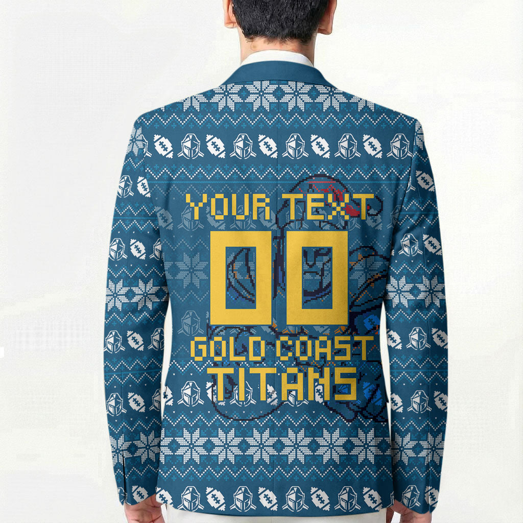 Personalized Gold Coast Titans Christmas Blazer Australian Rugby Fans - Pixelated Ugly Xmas Pattern Mascot Santa