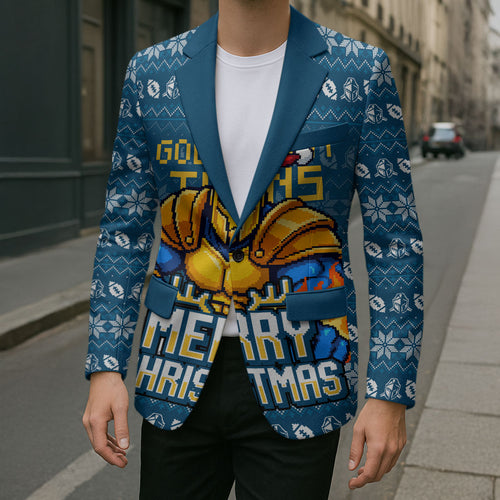 Personalized Gold Coast Titans Christmas Blazer Australian Rugby Fans - Pixelated Ugly Xmas Pattern Mascot Santa