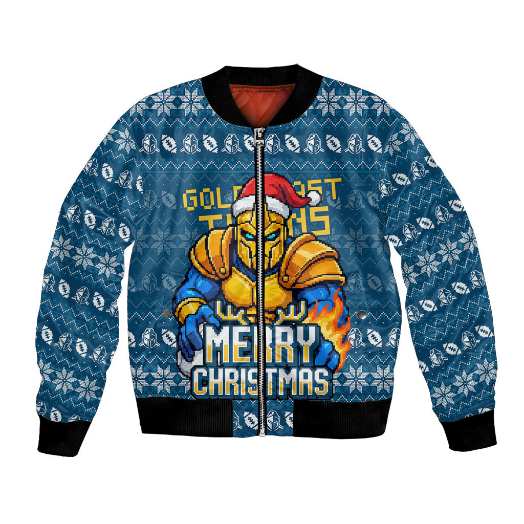 Personalized Gold Coast Titans Christmas Bomber Jacket Australian Rugby Fans - Pixelated Ugly Xmas Pattern Mascot Santa