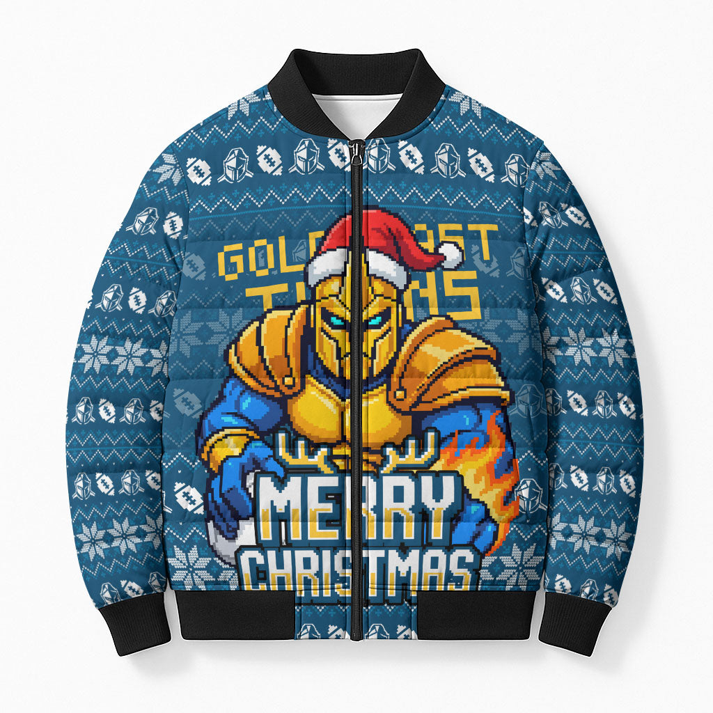 Personalized Gold Coast Titans Christmas Bomber Puffer Jacket Australian Rugby Fans - Pixelated Ugly Xmas Pattern Mascot Santa